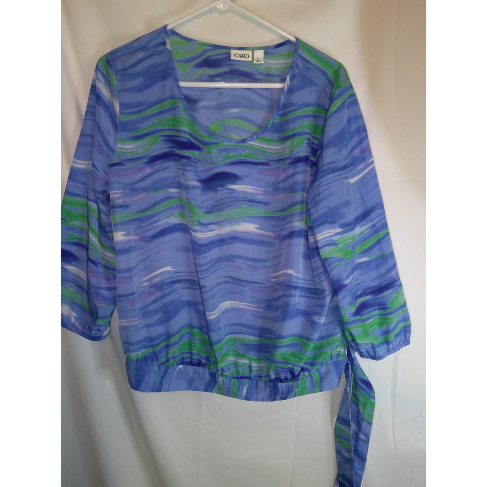 Cato Blouse Blue Green‎ Abstract Print Tie Waist 3/4 Sleeve Top Size L